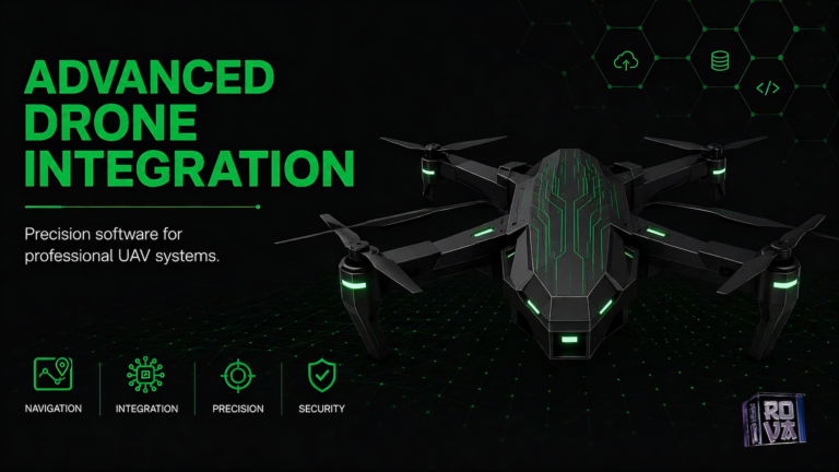 Advanced drone integration with precision AI software for professional UAV systems showing navigation and security