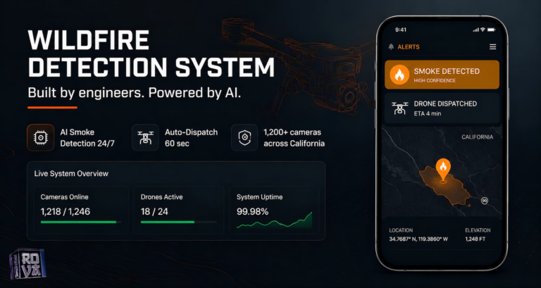 AI wildfire detection system dashboard with AI smoke detection and dispatched drones across California