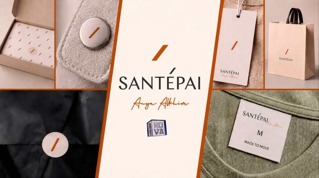 SANTÉPAI luxury sportswear brand identity – logo, tags, and tone-on-tone packaging