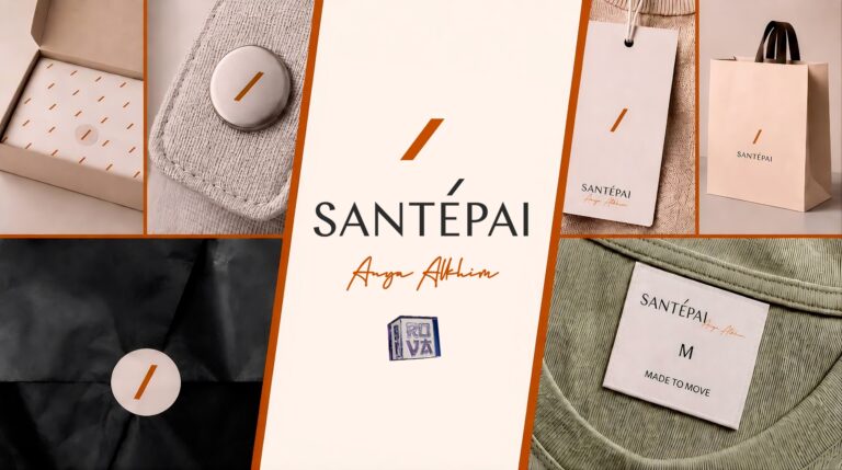 SANTÉPAI luxury sportswear brand identity – logo, tags, and tone-on-tone packaging